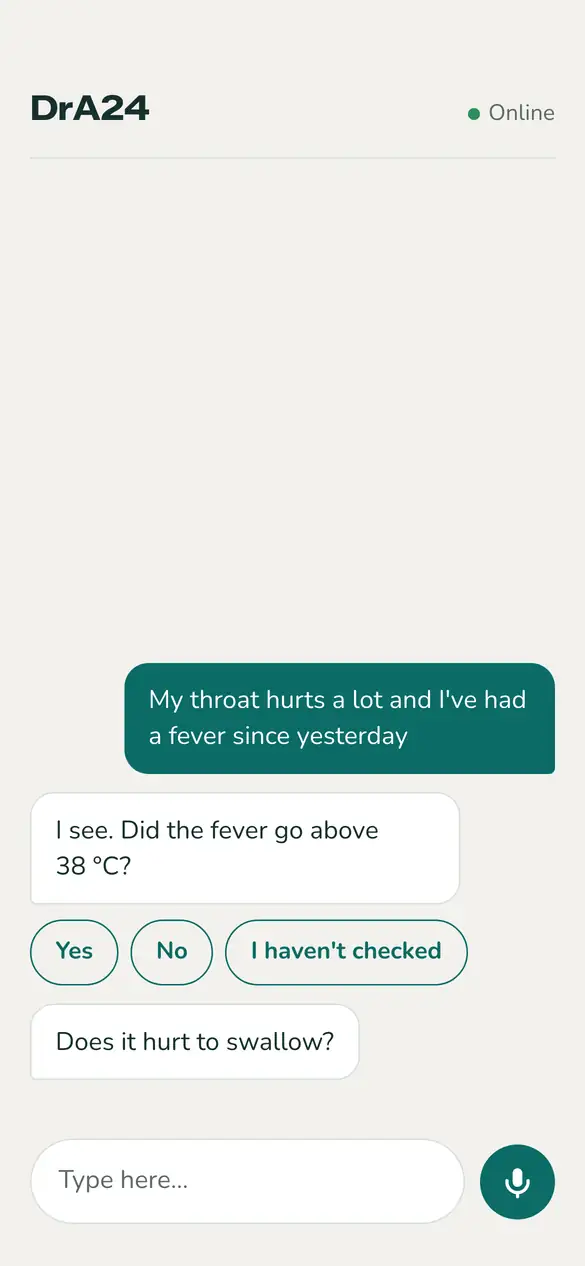 DrA24 chat screen: the patient writes that their throat hurts and they have a fever, and the app asks whether the fever went above 38 °C, offering to answer with one tap or by voice.