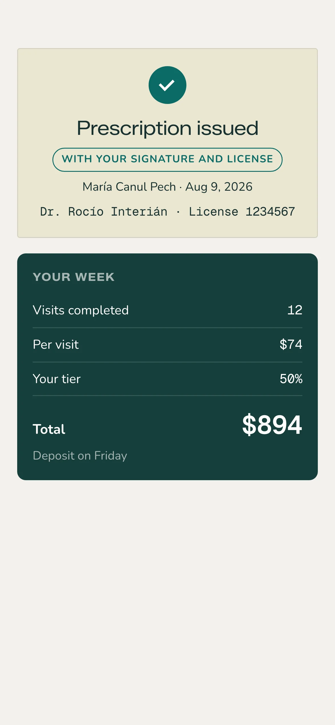 Confirmation of an issued prescription with the doctor's signature and license, and below it the week's summary: visits completed, pay per visit, tier, total and deposit date.